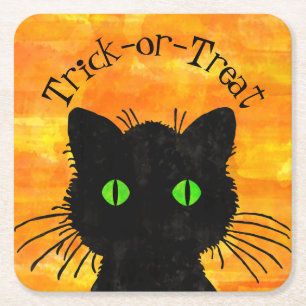 Dessous De Verre Carré Peeeking Chat noir Halloween Aquarelle Design