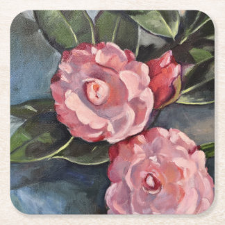 Dessous De Verre Carré Peinture à l'huile de deux Camellias roses