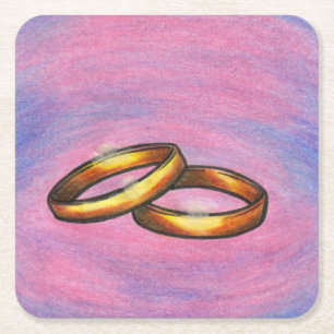 Dessous De Verre Carré Peinture art or paire bagues mariage Je t'aime