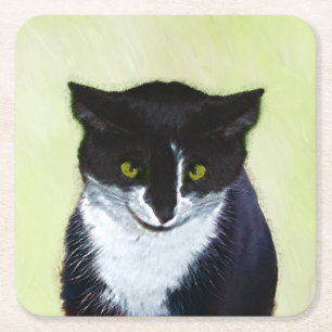 Dessous De Verre Carré Peinture de chat Tuxedo - Cute Original Cat Art