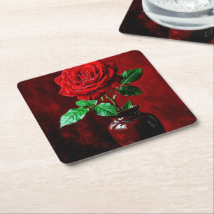 Dessous De Verre Carré Peinture de fleurs de rose rouge 
