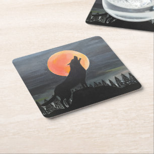 Dessous De Verre Carré Peinture de silhouette de loup par Alfred Fox