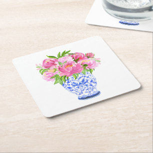 Dessous De Verre Carré Peonies Chinoiserie Vase