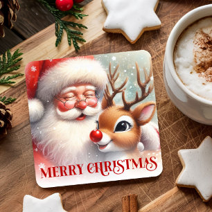 Dessous De Verre Carré Père Noël à l'aquarelle Rudolph Coasters de Noël