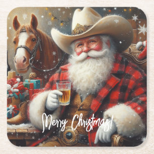 Dessous De Verre Carré Père Noël en Cowboy Noël Casquette