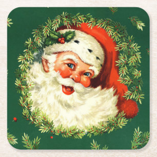 Dessous De Verre Carré Père Noël vintage, guirlande de pin, Noël de ho