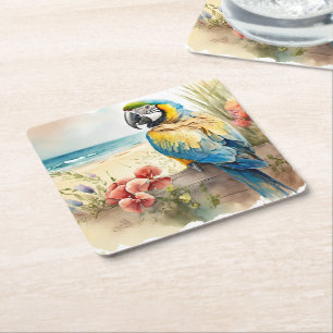 Dessous De Verre Carré Perroquet à fleurs tropicales
