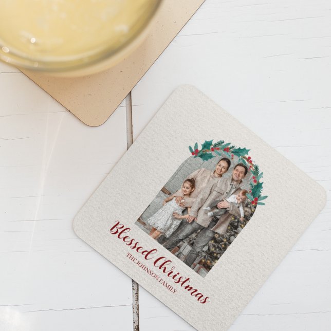 Dessous De Verre Carré Personalized Christmas Wreath Photo Paper Coaster (Créateur téléchargé)