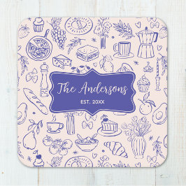 Dessous De Verre Carré Personalized Family Name Cute Hand Drawn Food