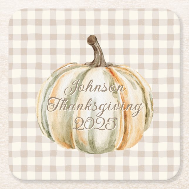 Dessous De Verre Carré Personalized Family Thanksgiving Neutral Gingham  (Devant)