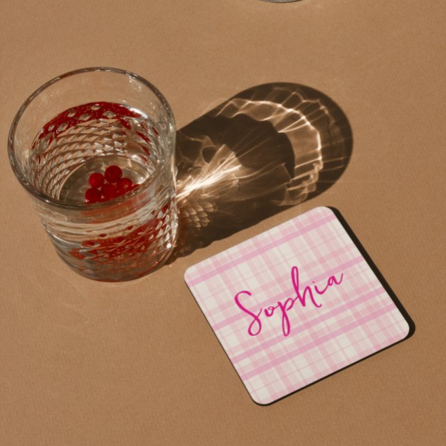 Dessous De Verre Carré Personalized Pink Plaid Paper Coaster with Name  (Créateur téléchargé)
