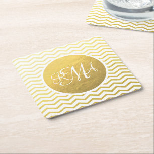 Dessous De Verre Carré Personnalisé Gold et White Chevron