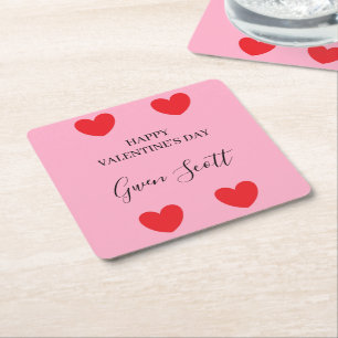 Dessous De Verre Carré Personnalisé Happy Valentine's rouge coeur rose