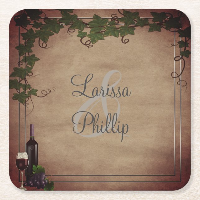 Dessous De Verre Carré Personnalisé Rustic Vineyard Mariage (Devant)