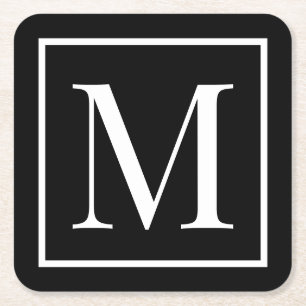 Dessous De Verre Carré Personnaliser monogramme noir blanc Tout arrière