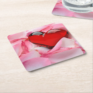Dessous De Verre Carré Pétales Roses en verre rouge