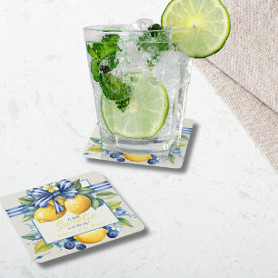 Dessous De Verre Carré Petit Baby shower citron en carreaux bleu doux