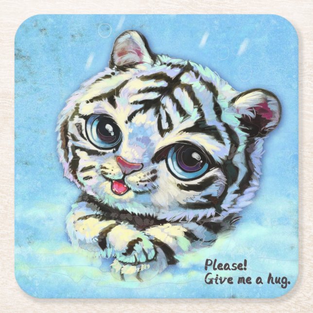 Dessous De Verre Carré Petit chat tigre mignon, s'il vous plaît, donnez-m (Devant)