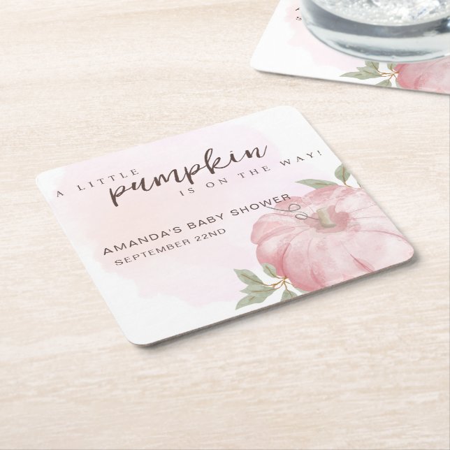 Dessous De Verre Carré Petit Citrouille rose Baby shower d'automne (Incliné)