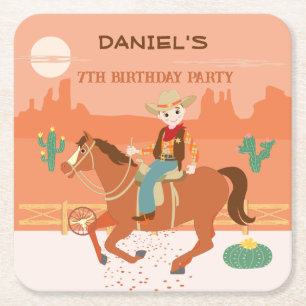 Dessous De Verre Carré Petit cow-boy cool et cheval fête d'anniversaire
