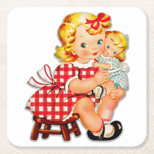 Dessous De Verre Carré Petite fille retro vintage poupée