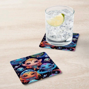 Dessous De Verre Carré Petits Aliens multicolores dans l'espace