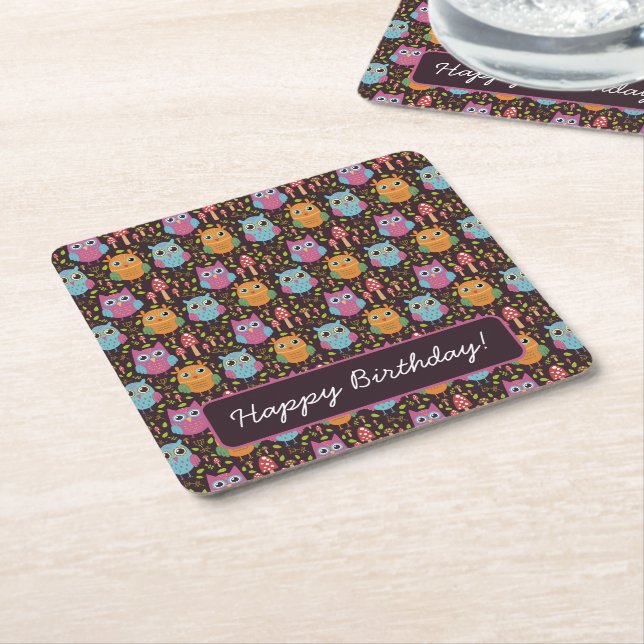 Dessous De Verre Carré Petits Enfants Purple Bleu Orange Chouettes (Incliné)