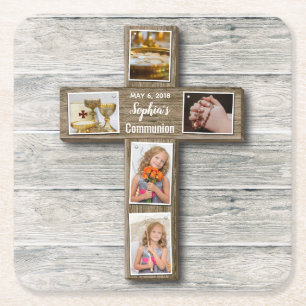 Dessous De Verre Carré Photo de la première communion de Rustic Wood Cros