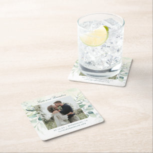 Dessous De Verre Carré Photo de mariage rustique Eucalyptus Save the Date