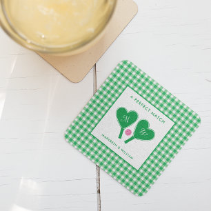 Dessous De Verre Carré Pickleball Mariage rose et vert Preppy