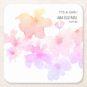 Dessous De Verre Carré *~* Pieds d'aquarelle rose Baby shower