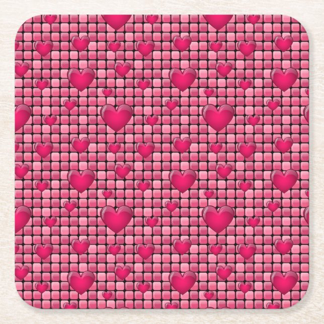Dessous De Verre Carré Pile rose avec des coeurs (Devant)