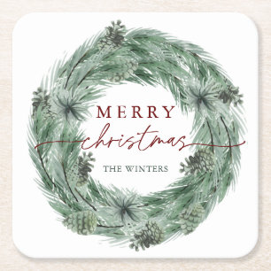 Dessous De Verre Carré Pine Wreath Green & Red Joyeux Noël