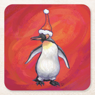 Dessous De Verre Carré Pingouin à Santa Hat en rouge