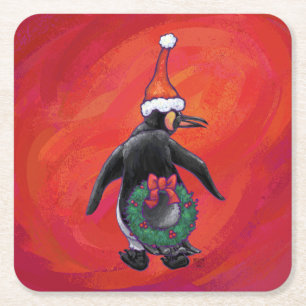 Dessous De Verre Carré Pingouin à Santa Hat en rouge