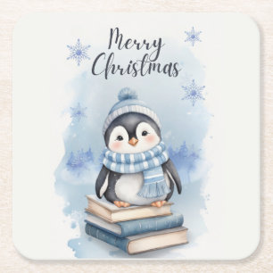 Dessous De Verre Carré Pingouin de Noël aquarelle