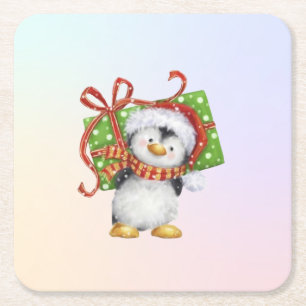 Dessous De Verre Carré Pingouin de Noël avec cadeau - Holiday Deco