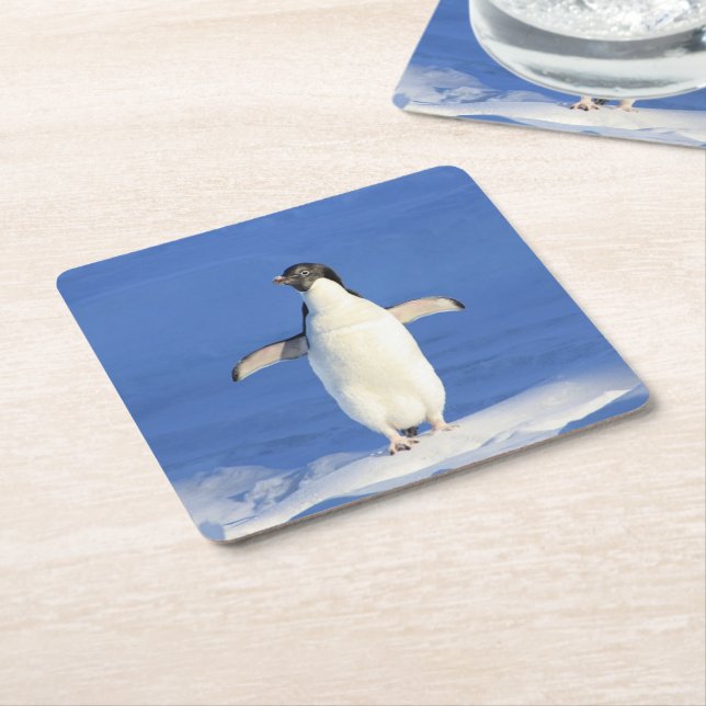 Dessous De Verre Carré Pingouin drôle sur la glace photo (Incliné)