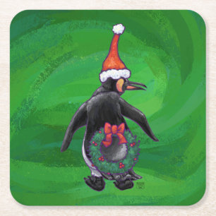 Dessous De Verre Carré Pingouin Festif sur Vert