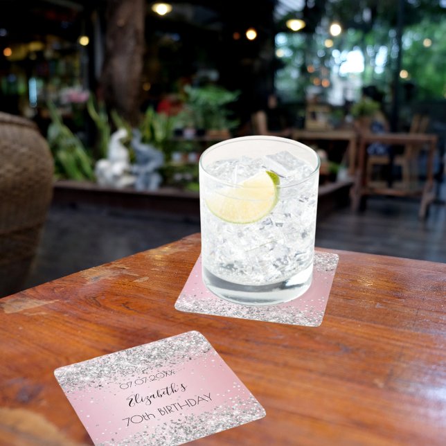 Dessous De Verre Carré Pink argent nom élégant anniversaire (Créateur téléchargé)