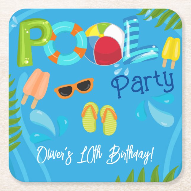 Dessous De Verre Carré Piscine fêtes été garçon fête d'anniversaire (Devant)