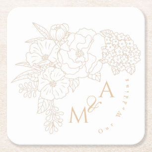 Dessous De Verre Carré Pivoines blanches ivoire pour mariage romantique