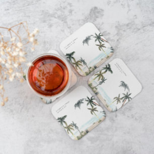 Dessous De Verre Carré Plage aux Palmiers Tropicaux Monogramme Mariage