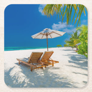 Dessous De Verre Carré Plages tropicales   Plage de chaises longues Bora 