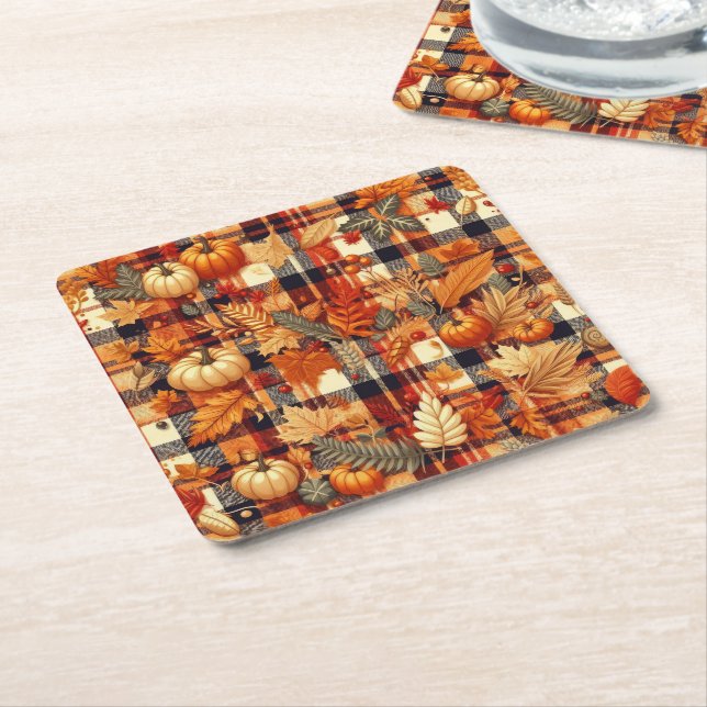 Dessous De Verre Carré Plaids d'automne citrouille Maple Feuille (Incliné)