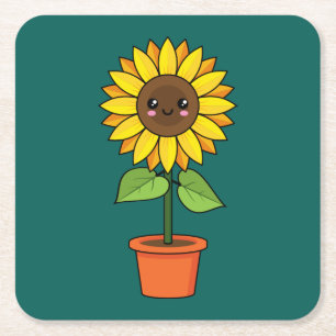 Dessous De Verre Carré Plante de tournesol Kawaii dans un pot