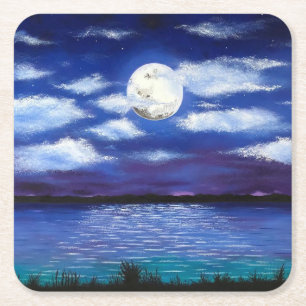 Dessous De Verre Carré "Pleine lune" Nuit Heure Ocean Beach Dessous de ve