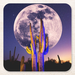 Dessous De Verre Carré Pleine lune sur le Saguaro Cactus