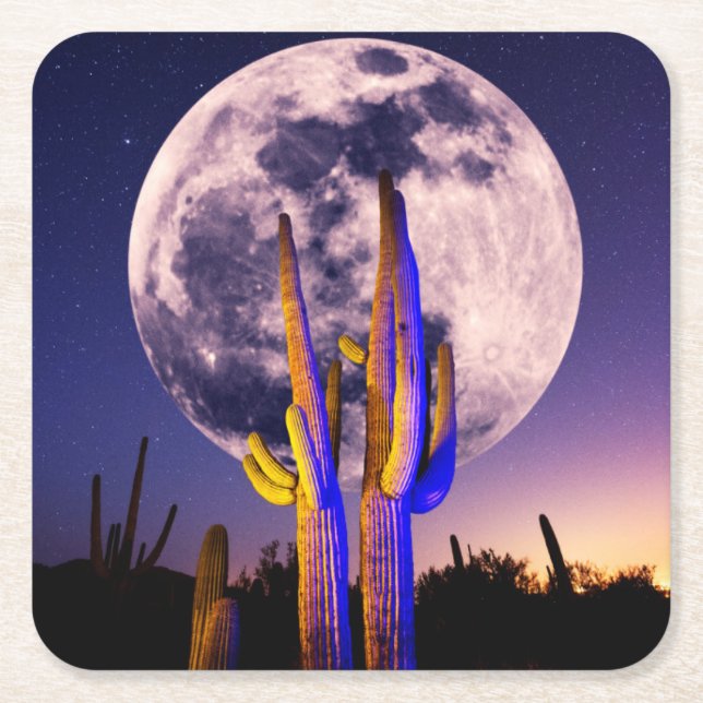 Dessous De Verre Carré Pleine lune sur le Saguaro Cactus (Devant)