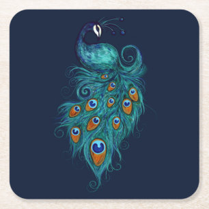 Dessous De Verre Carré Plumes de paon Peacocks Turquoises